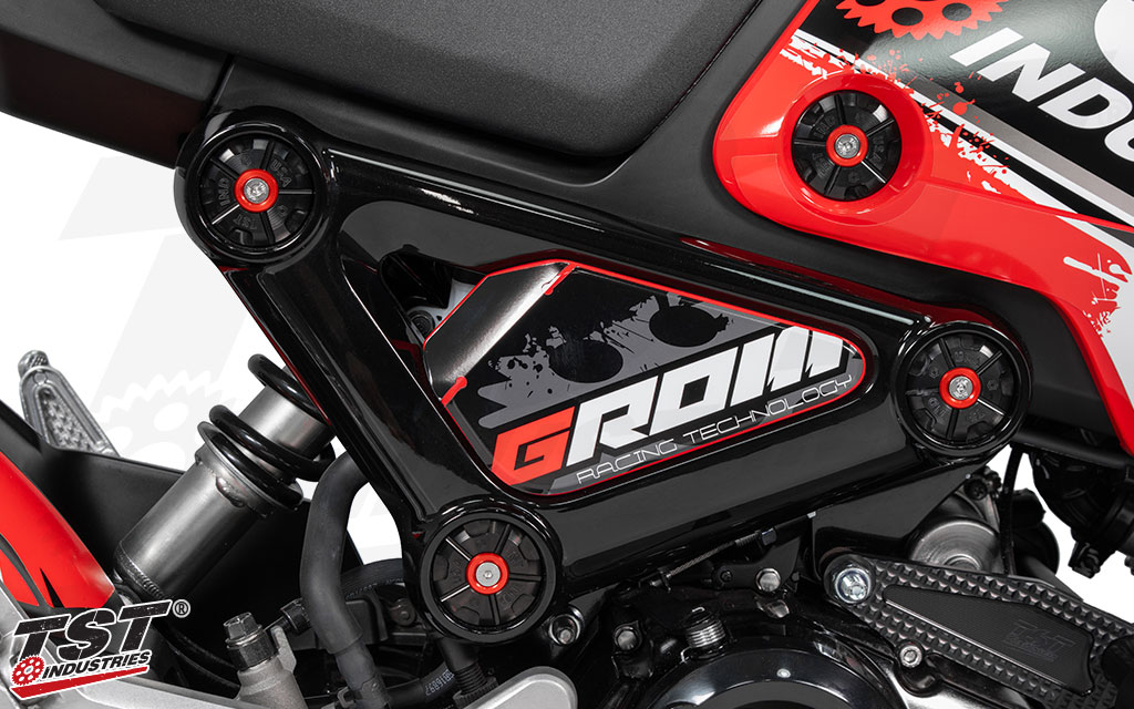 Exclusive TST Industries design elevates your 2022+ Honda Grom. Black Anodized with Red Inner Accent Washer Shown