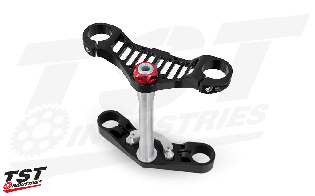 TST WORX Triple Clamp for Kawasaki Ninja 400 2018-2023 - Shown with Red anodized Top & Bottom Nuts