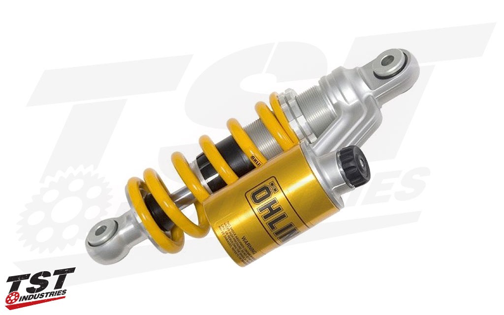Example of the Ohlins STX 36 Rear Shock. Note that the 2016+ Grom Unit features a hose mounted reservoir. 