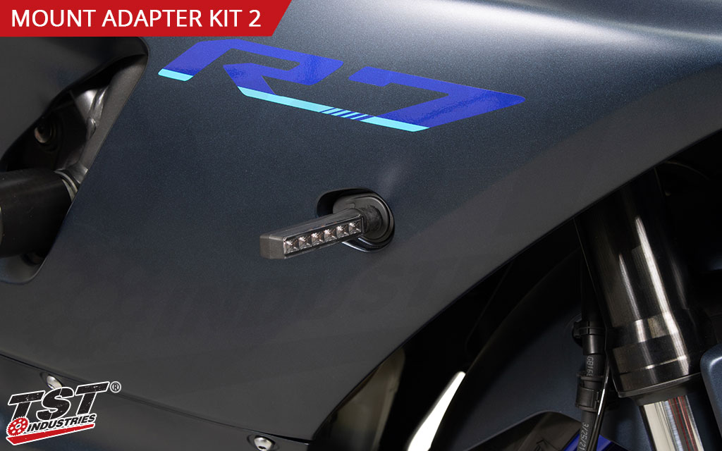 Example of TST Pod Turn Signals installed on the front of the Yamaha R7.