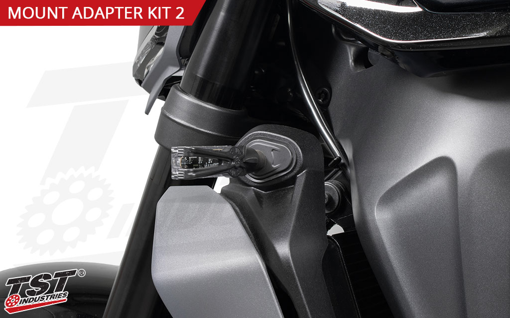 Example of TST Pod Turn Signals installed on the front of the Yamaha MT-09.