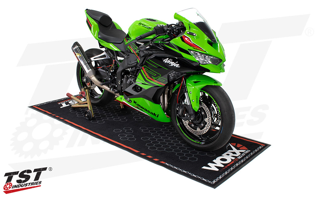 Give your motorcycle the perfect spot to park in your garage or at the track paddock with the included TST Motorcycle Mat.