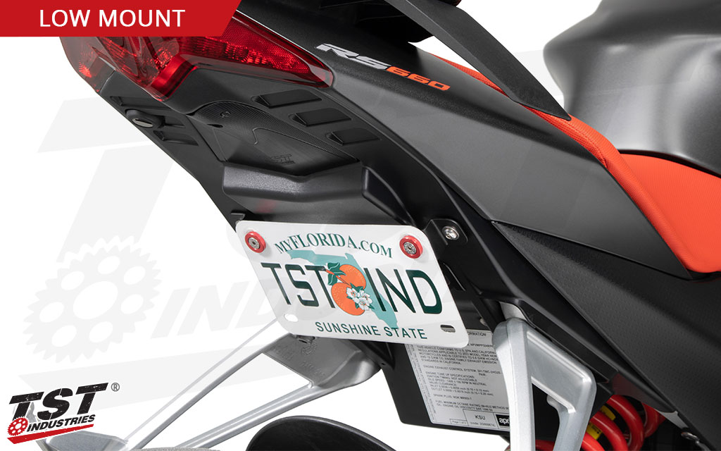 Gain a race bike inspired look with the Low Mount Elite-1 Fender Eliminator for your Aprilia 660 - Red washers shown