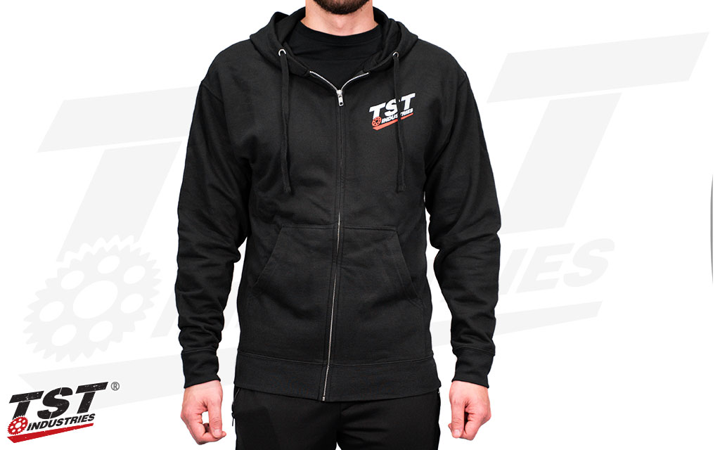 Stay warm with our zip-up hoodie.