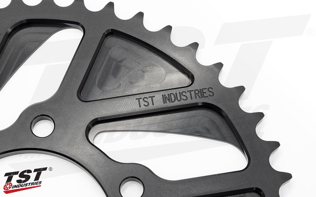 Each TST Rear Sprocket has a Type III black anodized hard-coat for extreme durability.