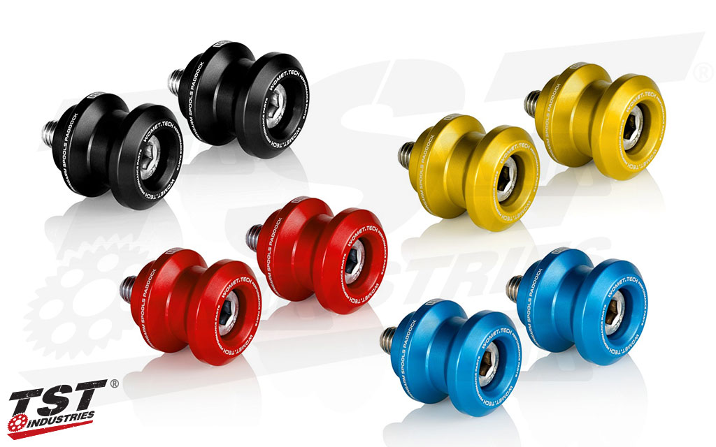 Womet-Tech Anodized Aluminum Swingarm Spools are available in four color options.