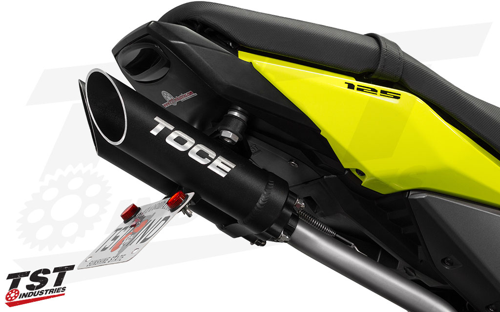 The Toce T-Slash Exhaust System includes our license plate bracket that mounts directly to the Toce canister. 