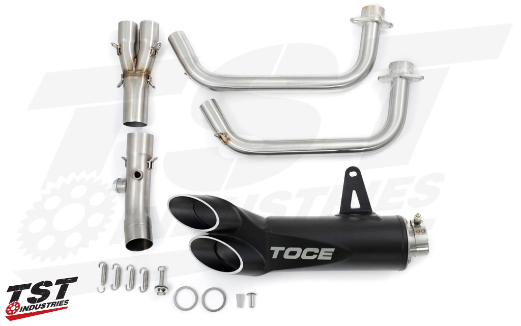 What's included in the Yamaha R3 / MT-03 Toce Razor Tip Full Exhaust System.