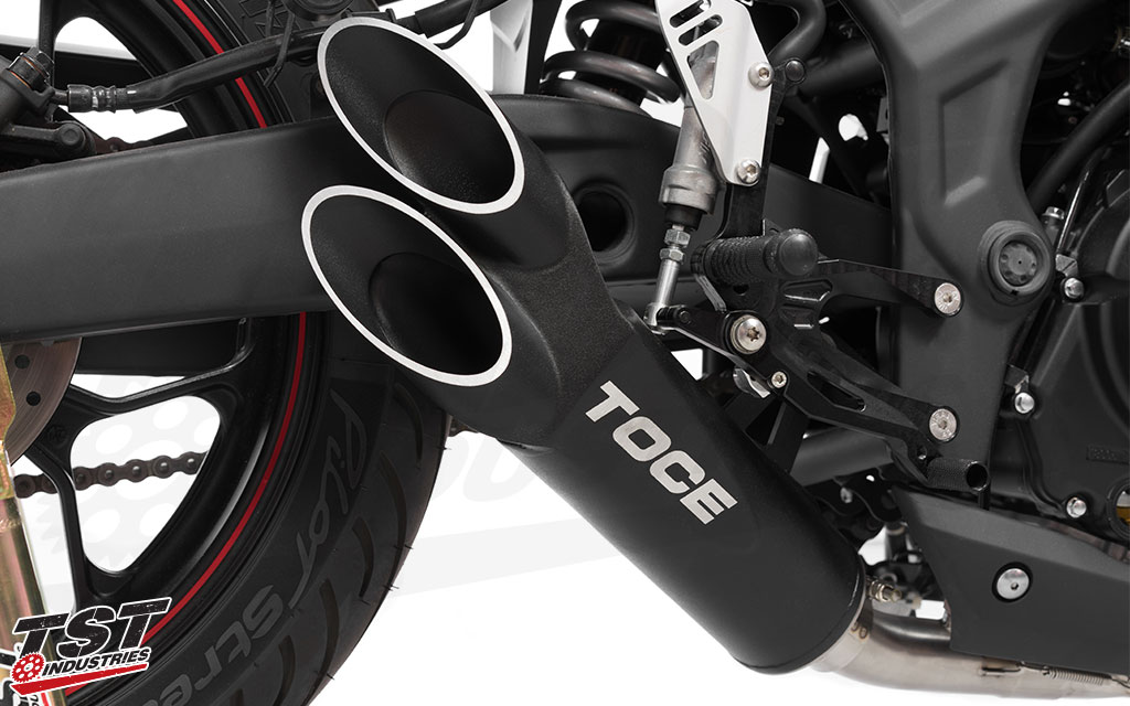 Ditch your stock Yamaha R3 / MT-03 exhaust for the Toce Razor Tip Full Exhaust System.