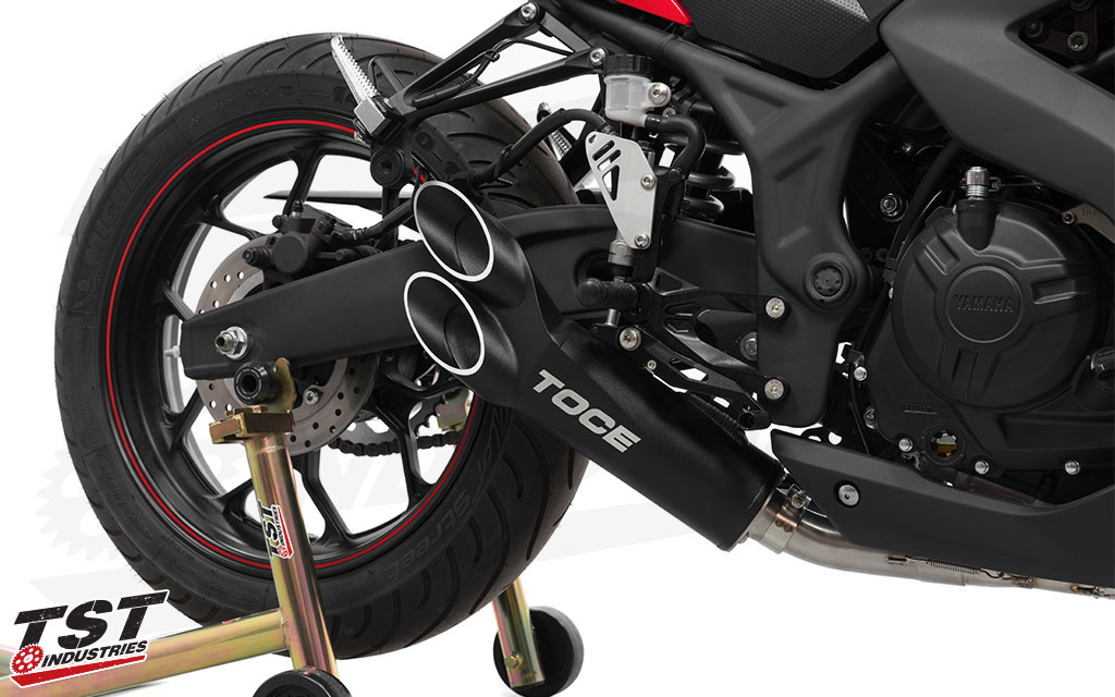 Black powder coat design provides a sleek and race inspired design on the 2015+ Yamaha YZF-R3 or 2020+ MT-03
