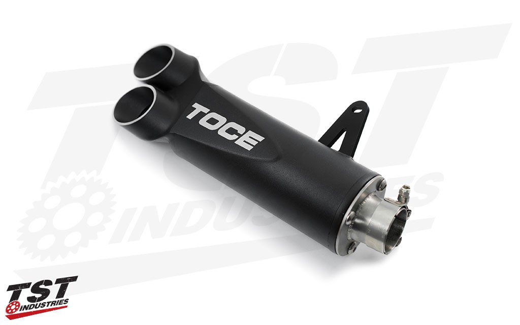 Razor Tip Exhaust System features the Toce signature canister design with a single inlet and dual outlet.