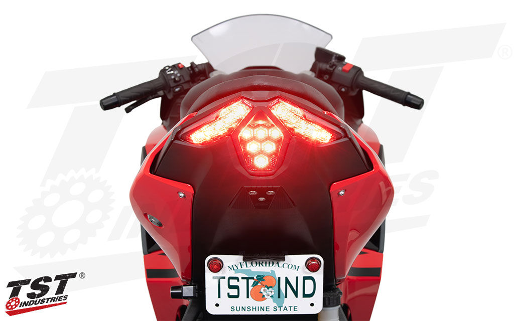 Extremely bright LEDs activate in the center field during brake activation.
