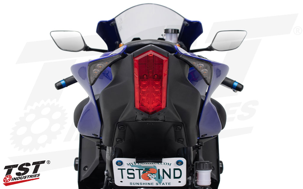 Our sleek design approach mounts our LED integrated tail lights to the tail fairing of your Yamaha R7.