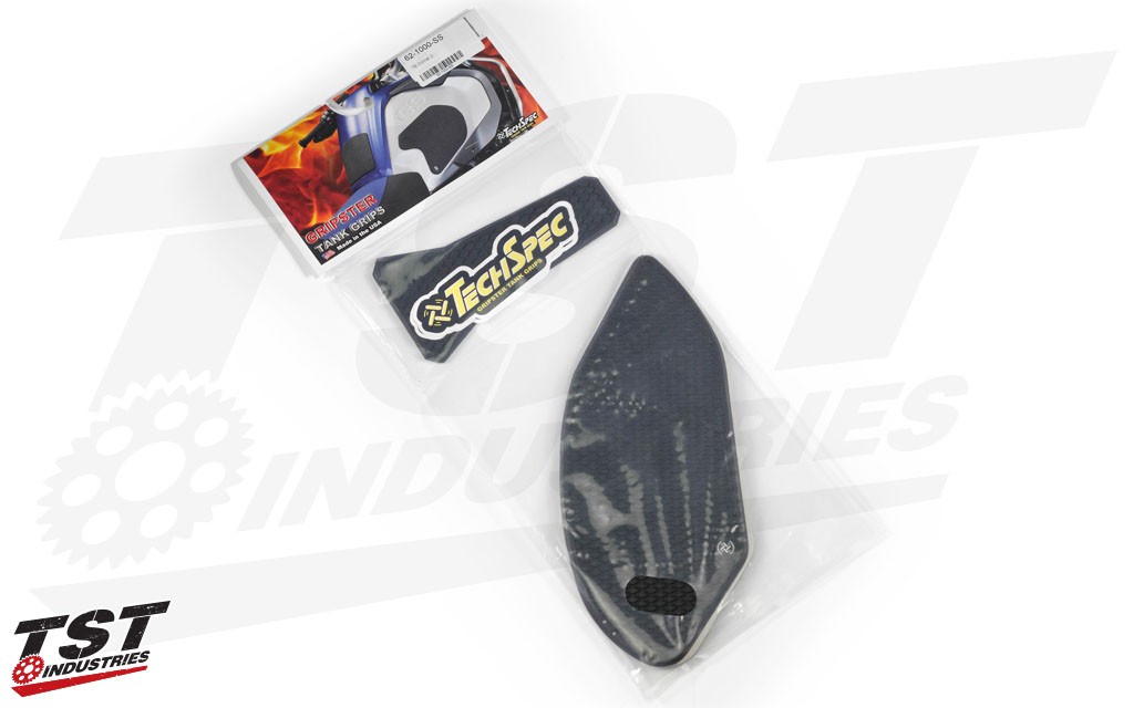 TechSpec Gripster Tank Grips for the BMW S1000RR (Snake Skin Kit Shown). X-Line does not include the center tank pad TechSpec Gripster Tank Grips for the BMW S1000RR (Snake Skin Kit Shown). X-Line does not include the center tank pad