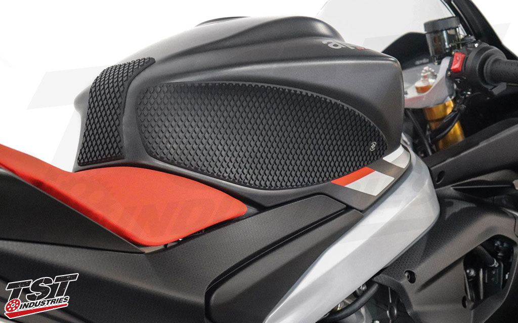 TechSpec Gripster tank grips installed on the 2021+ Aprilia RS 660.
