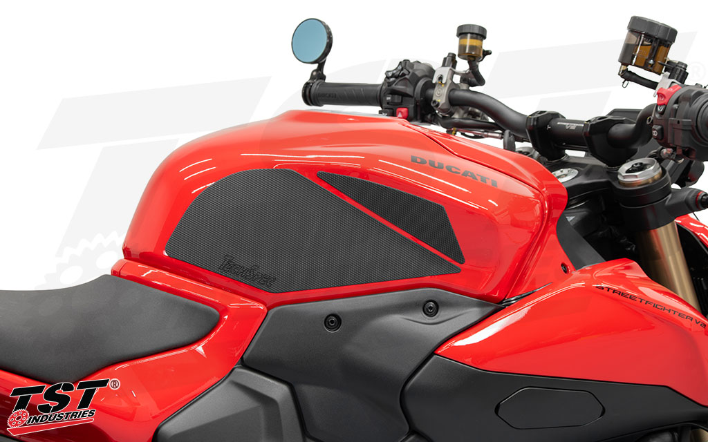 TechSpec Gripster Tank Grips installed on the 2025 Ducati Streetfighter V2.