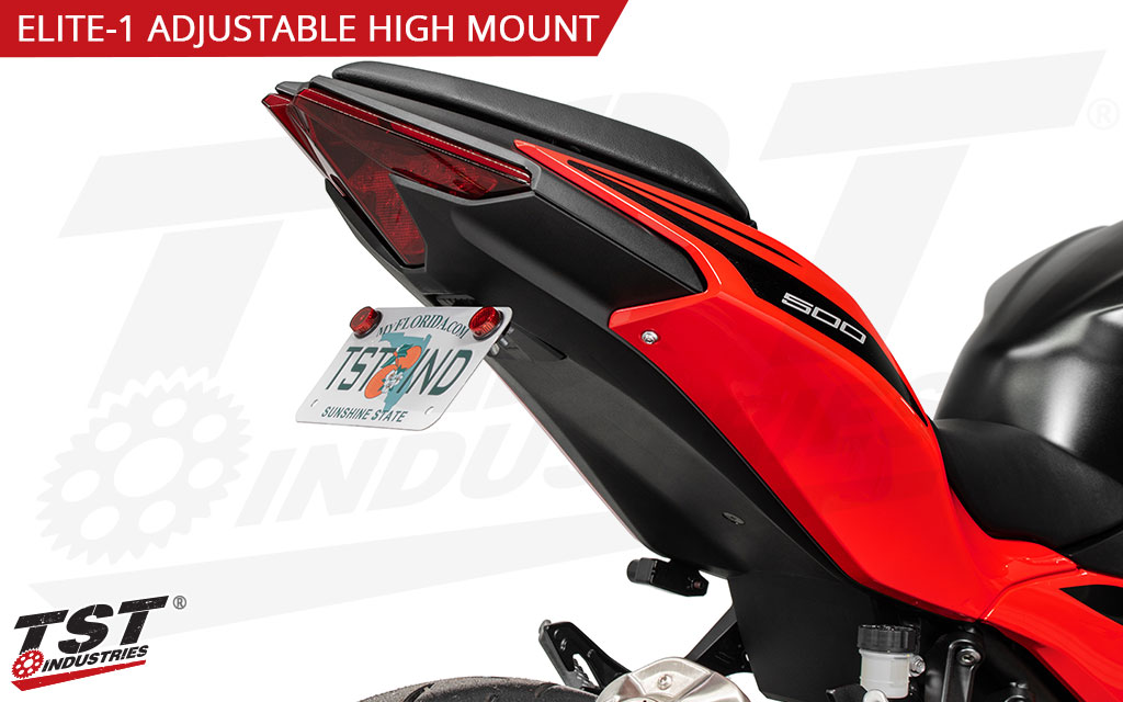 The Adjustable High Mount places your Ninja 500 license plate in a semi-stock location with an adjustable plate angle.