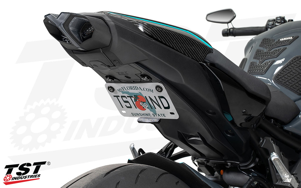 Tuck your license plate in a low position under the seat with the Low-Mount Bracket.