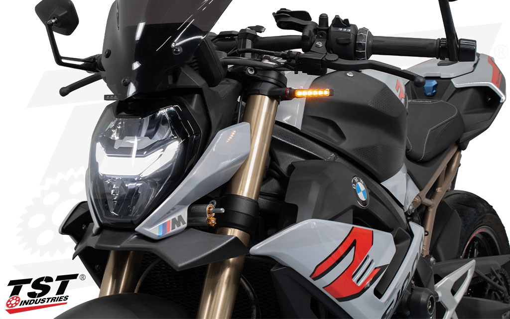 BMW S1000R with TST Industries LED Front Pod Turn Signal Bundle Installed.