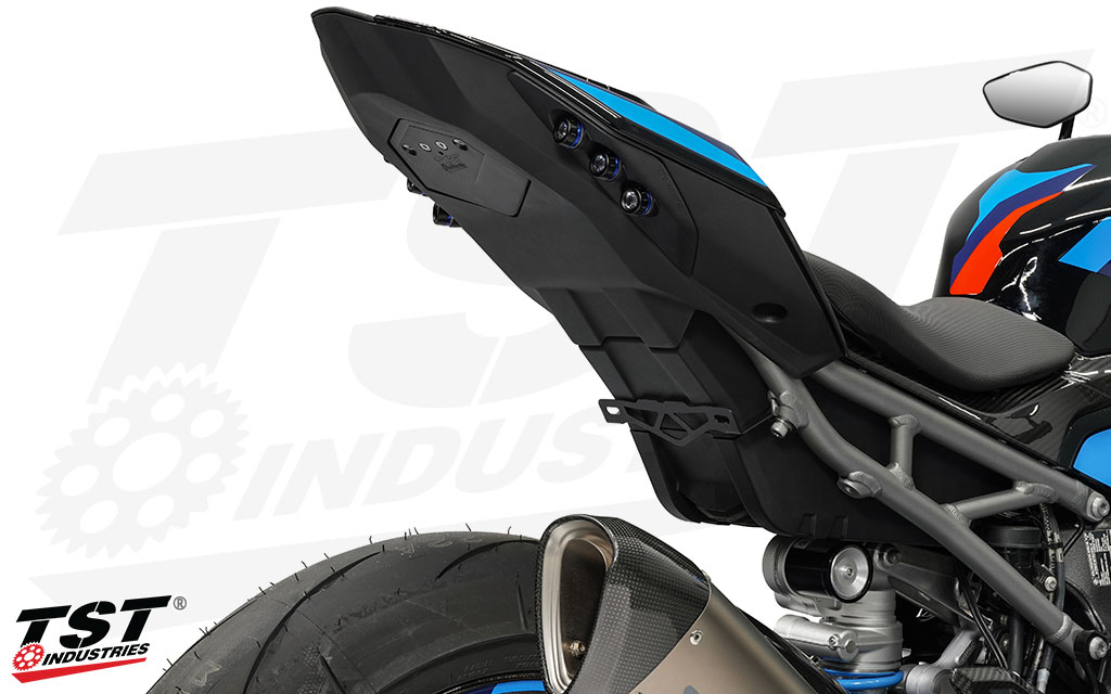 Laser cut stainless steel bracket features a matte black powder coat finish for a stealth finish.