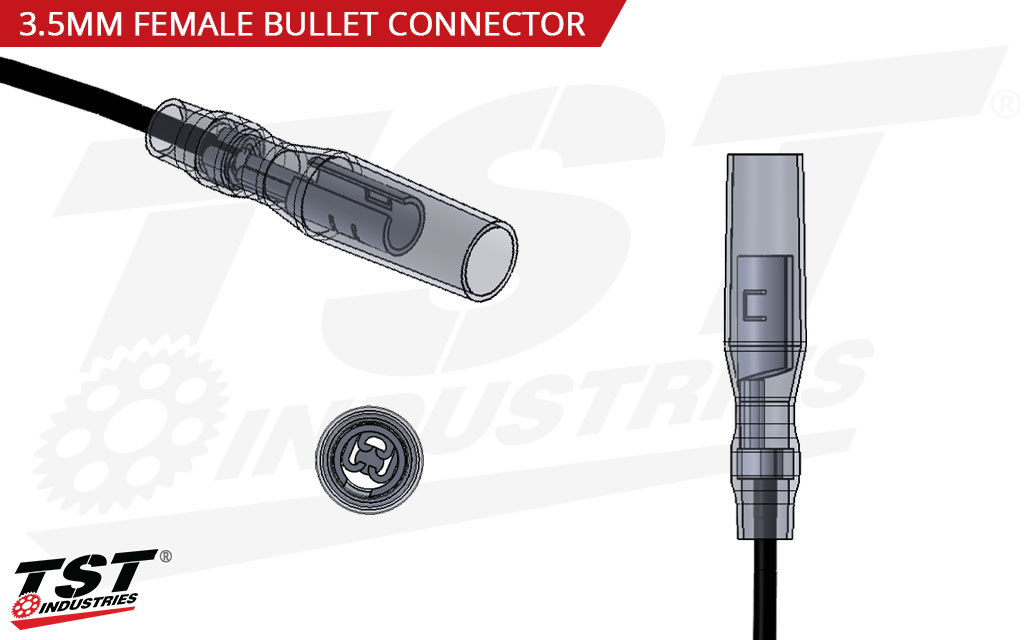 Female bullet connectors accept aftermarket turn signals outfitted with standard male bullet connectors.
