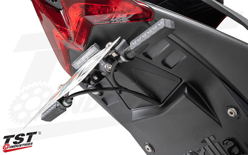 Easily mounts to the license plate bracket for a clean and lightweight turn signal mounting solution.