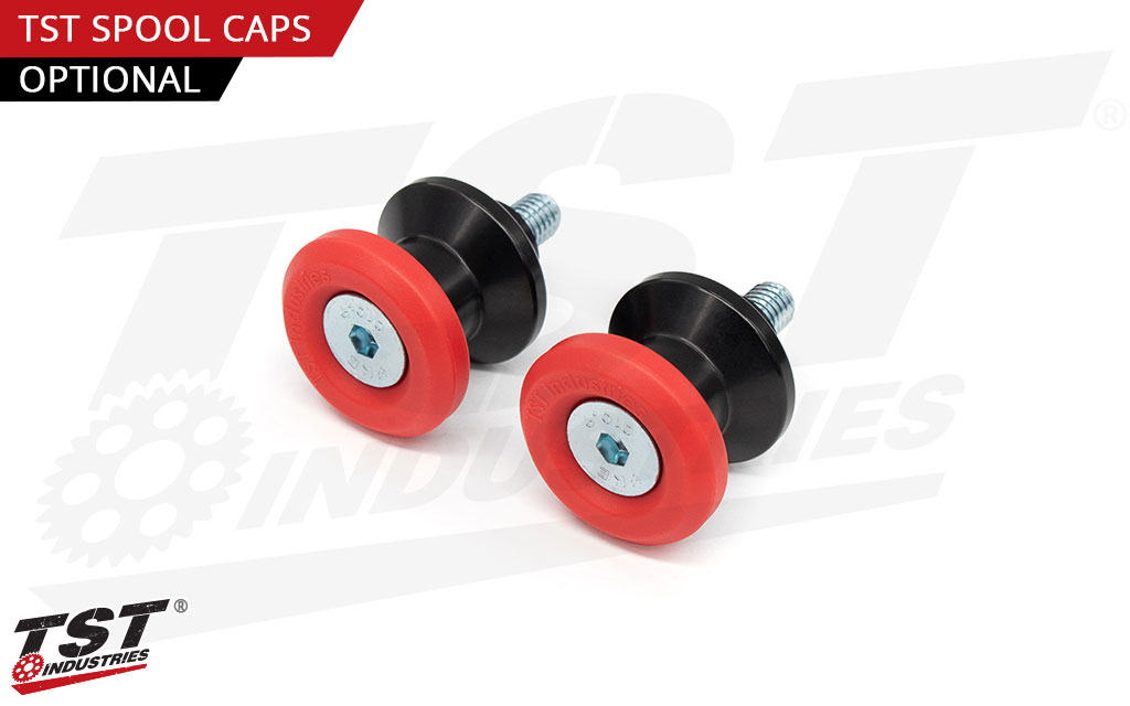 Pair the anodized swingarm spools with the spool cap of your color choice.