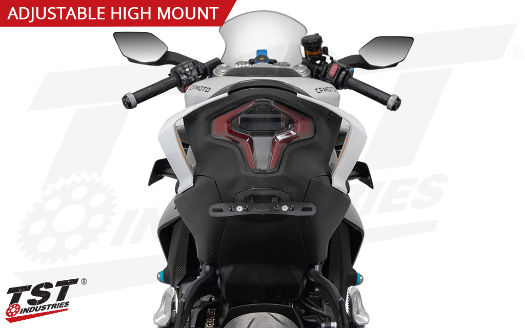 CNC machined aluminum licene plate mounting bracket features a durable black anodized finish.