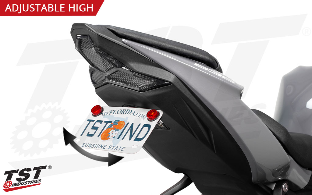 Select the angle of your ZX-6R's license plate with the TST Adjustable High Mount Elite-1 Fender Eliminator.
