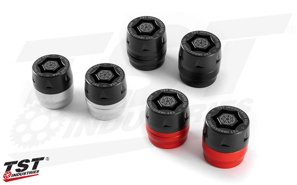 TST Fork Sliders available in three anodized finishes - Black, Red, and Silver.