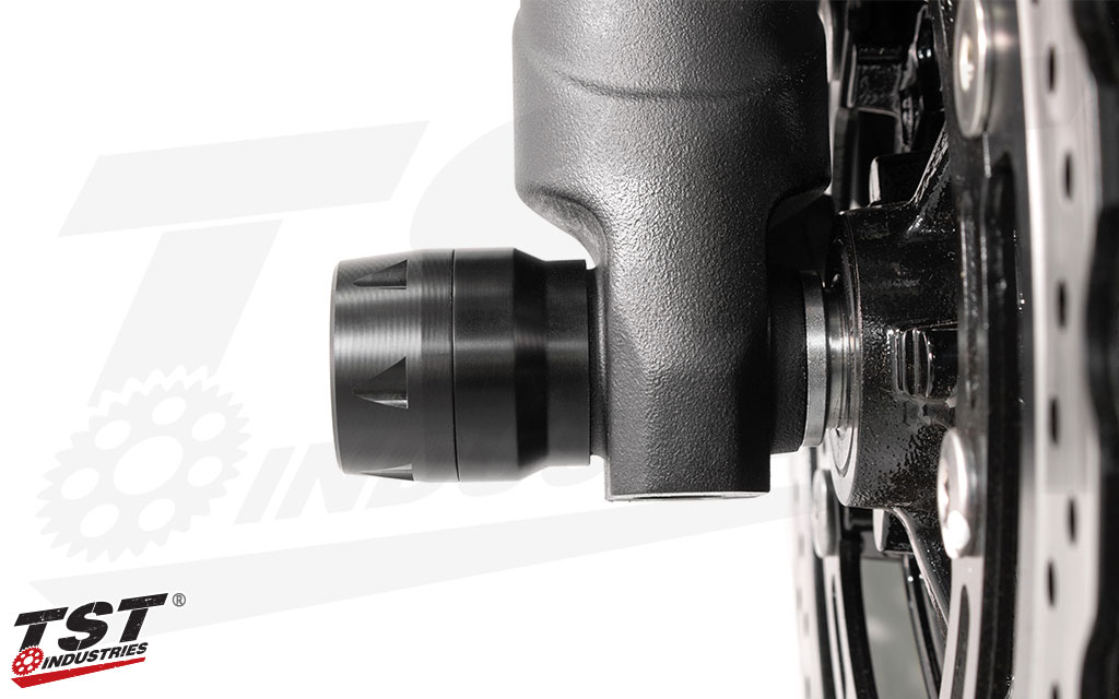 Consumable and replaceable delrin sliders aid in keeping your Ninja 400 / Z400 protected.