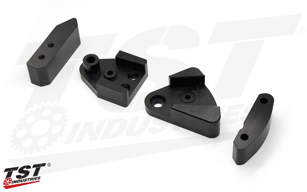 CNC machined billet aluminum mounting brackets feature a durable black anodized finish.