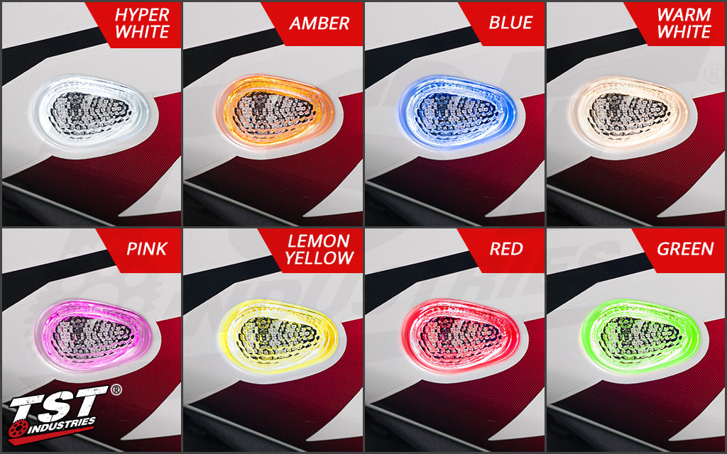 Available HALO glow colors shown in the clear lens. (Demonstrated on the Yamaha YZF-R3)