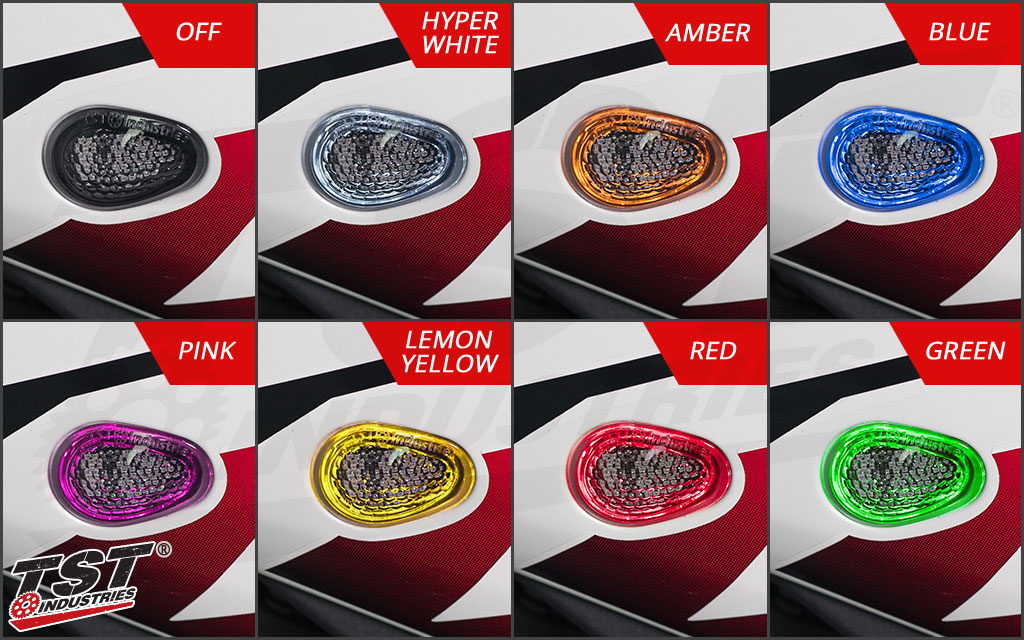 Available HALO glow colors shown in the clear HALO-GTR Flushmount Turn Signals. (Clear GTR Signals NOT included)