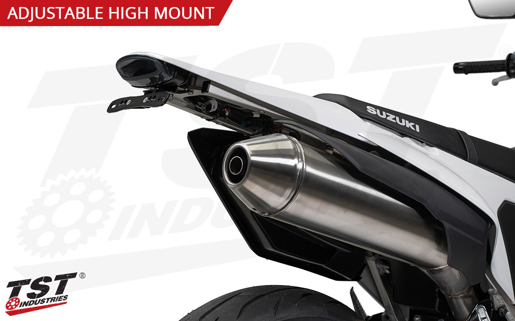 Adjustable kit features upgraded CNC machined license plate bracket with a black anodized finish.