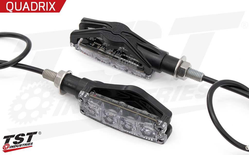 TST Quadrix LED Turn Signals feature a sequential indicator pattern.