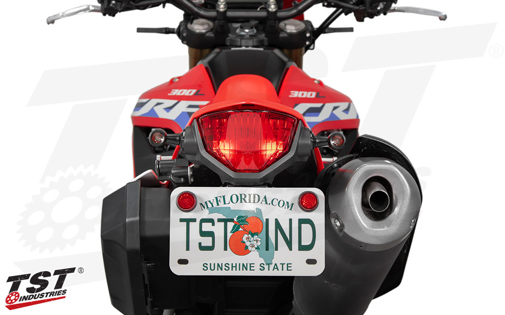 TST ECHO LED Pod Turn signals on the Honda CRF300L tail section.