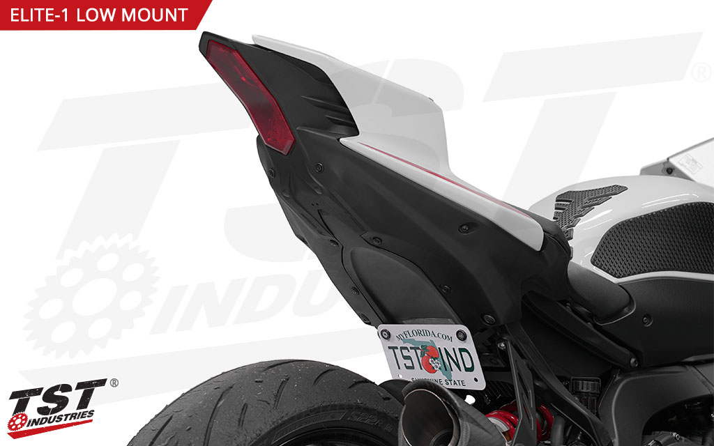 Place your license plate in a low and tucked position under the tail of your Yamaha YZF-R9.