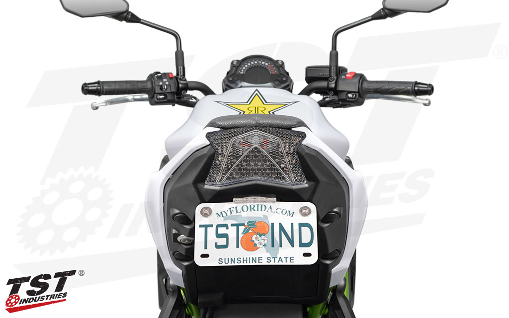 Clear TST Programmable and Sequential LED Integrated Tail Light on the Kawasaki Z650.