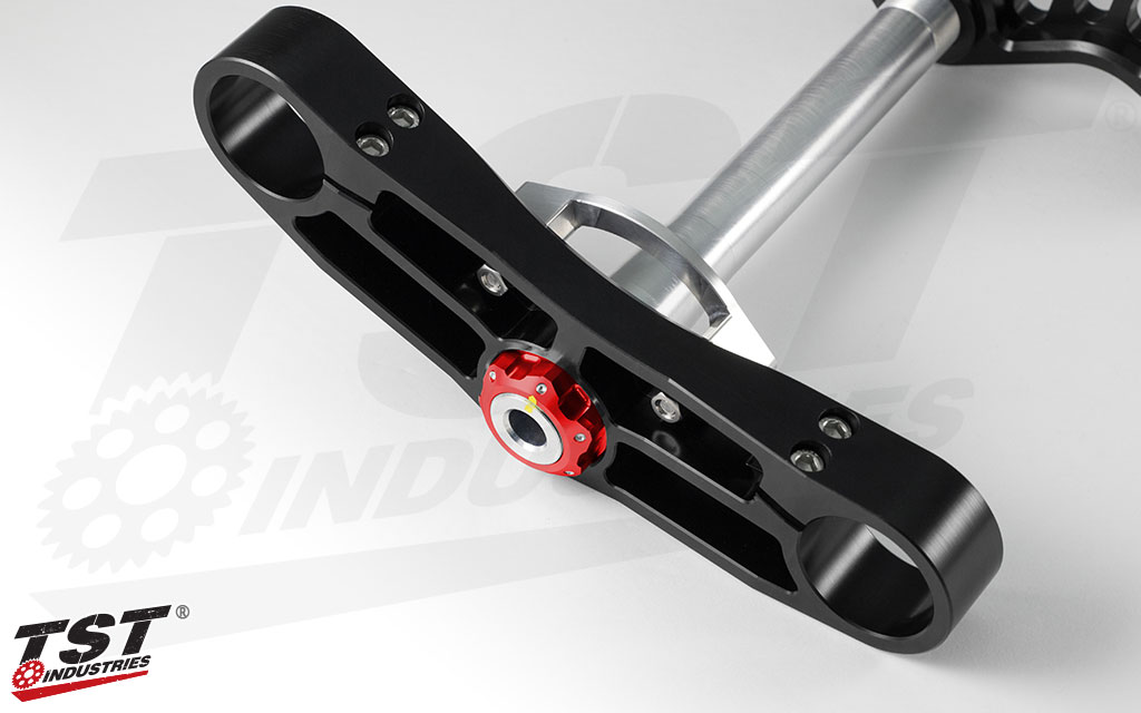 Both top and bottom nuts feature a red anodized finish.