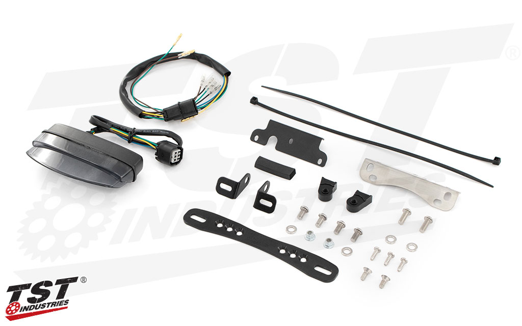 What's included - Adjustable Fender Eliminator kit shown with Smoked LED Integrated Tail Light.