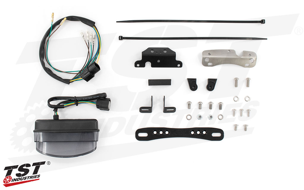 What's included - Adjustable Fender Eliminator kit shown with Smoked LED Integrated Tail Light.