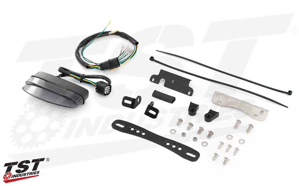 What's included - Adjustable Fender Eliminator kit shown with Smoked LED Integrated Tail Light.