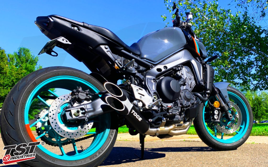 2021-2023 Yamaha MT-09 with the full system T-Slash exhaust installed from Toce Performance. 