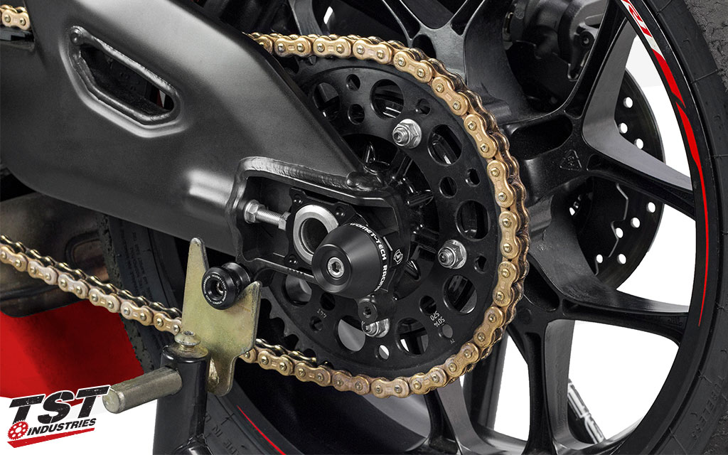 Installed Axle Block Protector (shown on Yamaha R1).