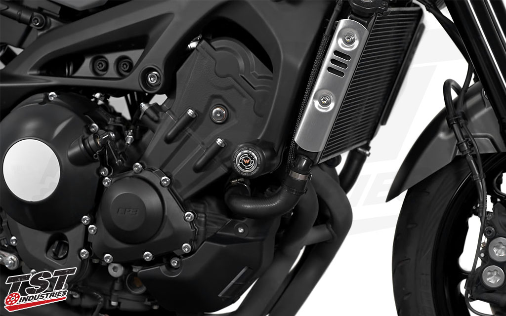 Womet-Tech Frame Sliders installed on teh 2016+ Yamaha XSR900.