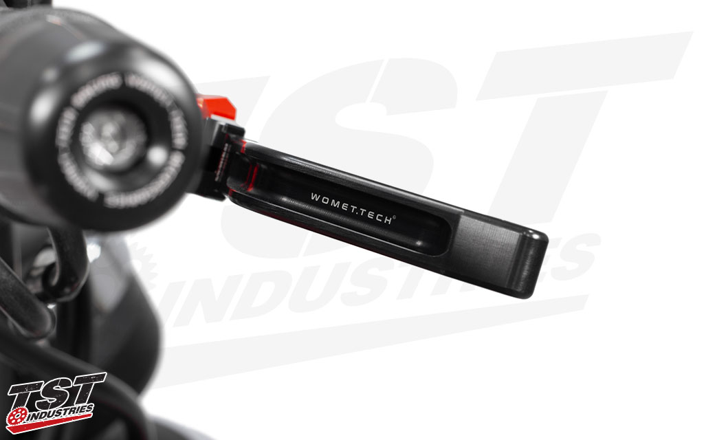 Womet.Tech Evos Shorty Levers feature a durable black anodized finish that compliments any motorcycle they are on. - Shown with updated Womet.Tech branding