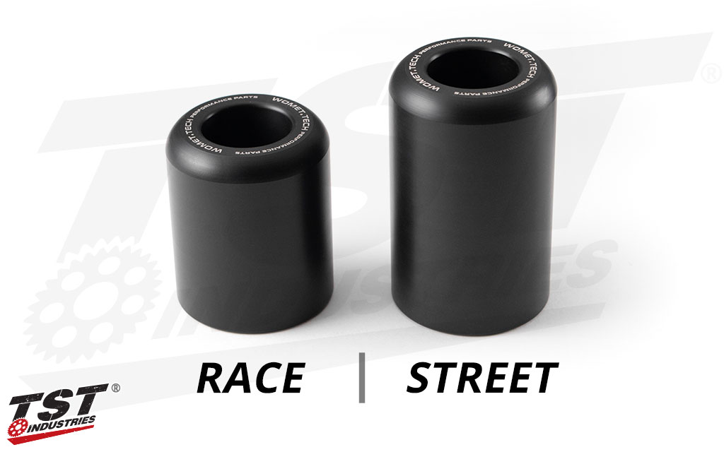 Compare the delrin puck length of the two Womet-Tech Frame Slider options.