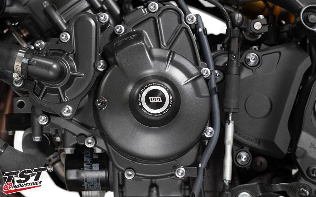 Protect your Yamaha engine with the Womet-Tech Engine Crash Protector - silver cap shown.