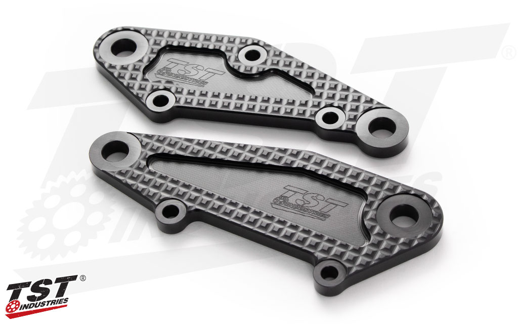 Brackets feature a CNC machined construction with a durable black anodized finish.